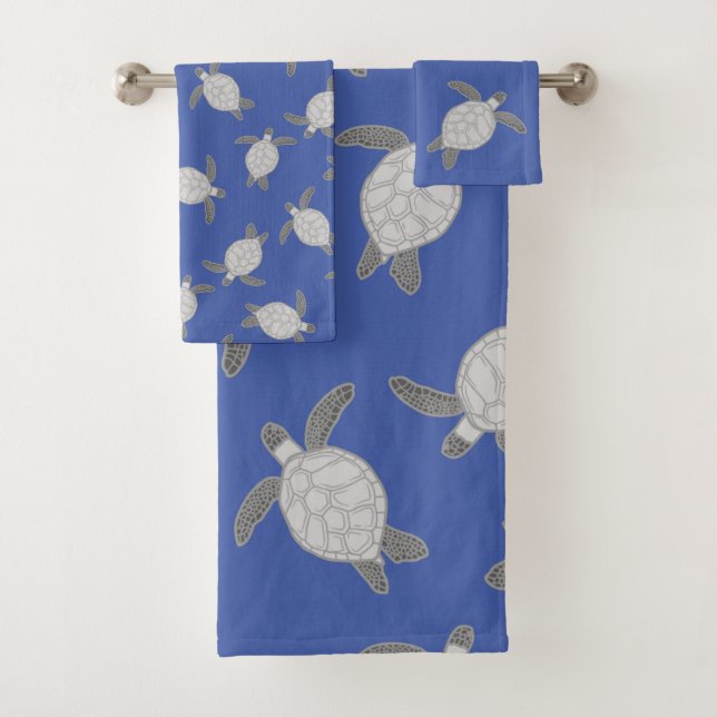  Nautical Coastal Silver Gray Sea Turtle Blue Bath Towel Set (Insitu)