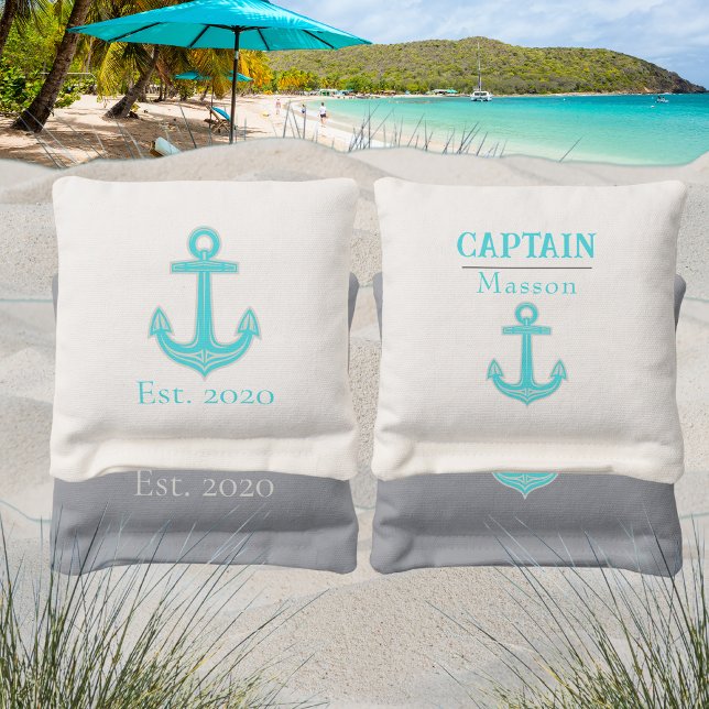 Nautical Coastal Teal Blue Gray White Anchor  Cornhole Bags (Creator Uploaded)