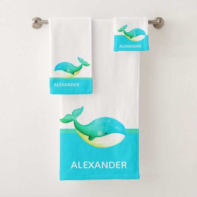 Nautical Coastal Teal Blue Green White Whale  Bath Towel Set (Insitu)