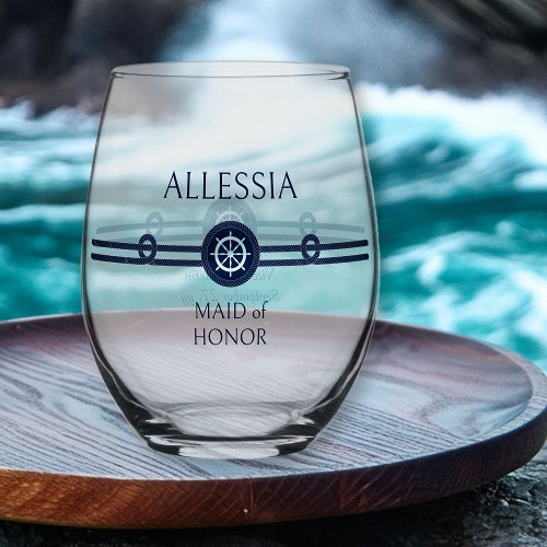 Nautical Coastal Wedding Bridesmaid Stemless Wine Glass