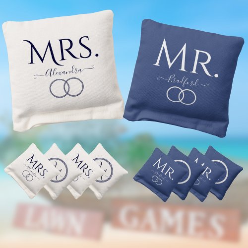  Nautical Coastal Wedding Mr Mrs Script Blue White Cornhole Bags