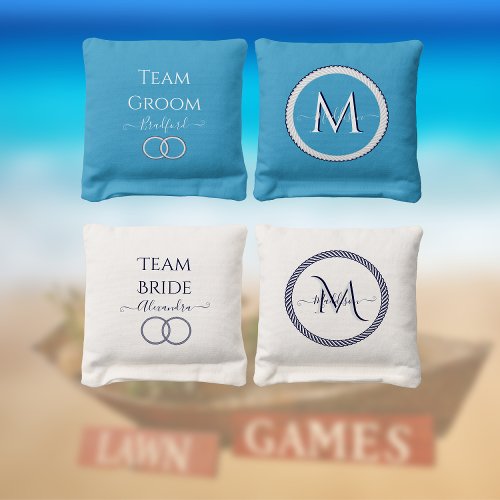  Nautical Coastal Wedding Mr Mrs Script Teal Blue Cornhole Bags