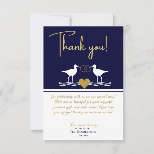 Nautical Coastal Wedding Navy Blue Gold Sandpiper Thank You Card