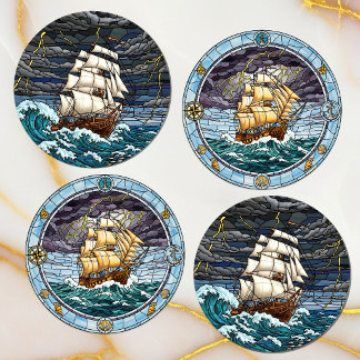 Nautical Coaster Set, Vintage Ship, Stormy Sea Set