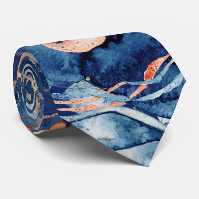 Nautical collage octopus jelly fish navy orange neck tie (Rolled)