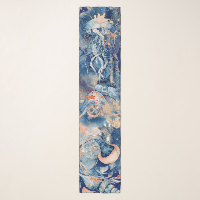 Nautical collage octopus jelly fish navy orange scarf (Front)