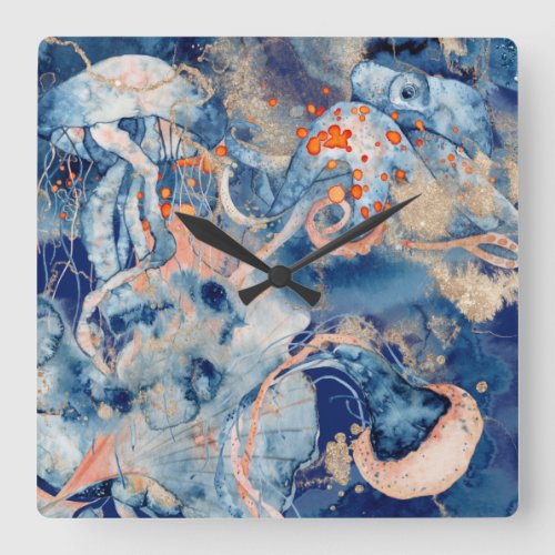 Nautical collage octopus jelly fish navy orange square wall clock