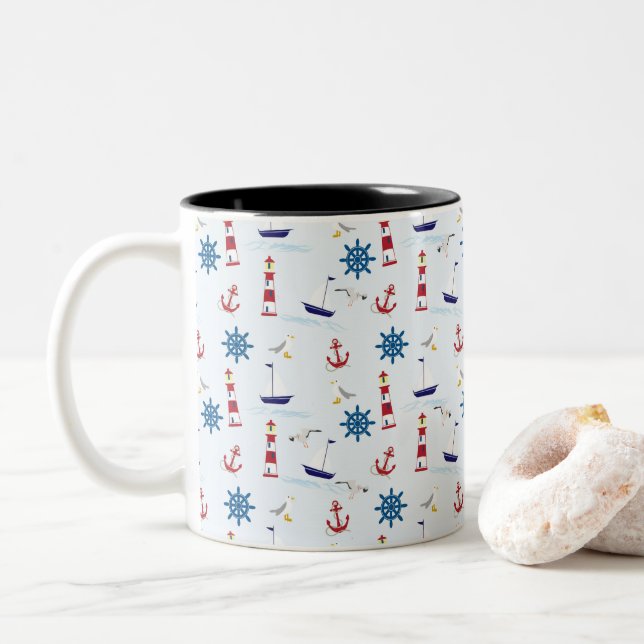 Nautical Collage Two-Tone Coffee Mug (With Donut)