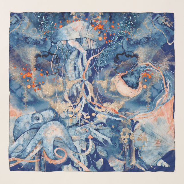 Nautical collage watercolor sea creatures navy scarf (Front)
