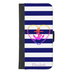 Nautical Colorful Anchor Navy Blue Strip iPhone 8/7 Plus Wallet Case
