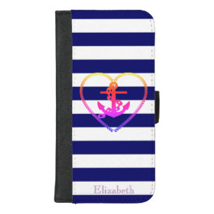 Nautical Colorful Anchor Navy Blue Strip iPhone 8/7 Plus Wallet Case