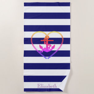 Nautical Colorful Anchor Navy Blue Stripe Beach Towel