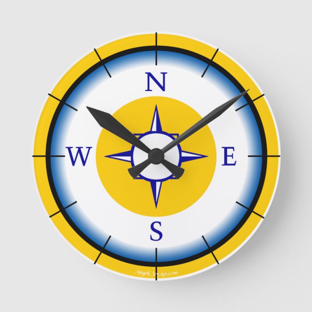 Nautical Compas Blue, White, Gold Wall Clock (Front)