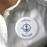Nautical Compass Anchor Captain Boat Name Navy Button<br><div class="desc">Navy Blue Nautical Compass Anchor and Your Personalized Boat Name and Customizable Captain Rank Button.</div>