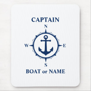 Nautical Compass Anchor Captain or Boat Name Navy Mouse Pad