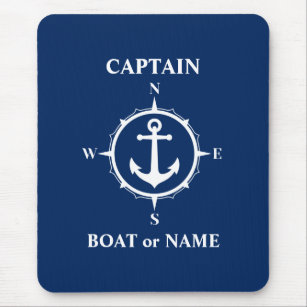Nautical Compass Anchor Captain or Boat Name Navy Mouse Pad
