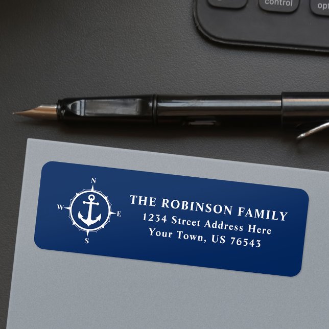 Nautical Compass Anchor White On Navy Blue Address Label (Creator Uploaded)