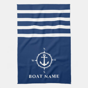 Nautical Compass Anchor Your Boat Name Navy Blue Kitchen Towel