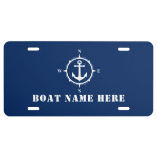 Nautical Compass Anchor & Your Boat Name Navy Blue License Plate