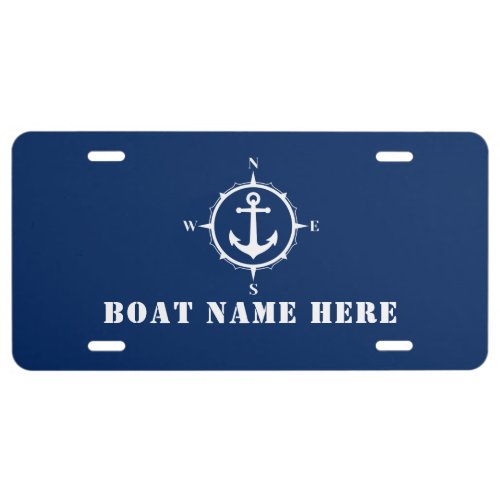 Nautical Compass Anchor  Your Boat Name Navy Blue License Plate