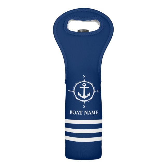 Nautical Compass Anchor Your Boat Name Navy Blue Wine Bag (Front)