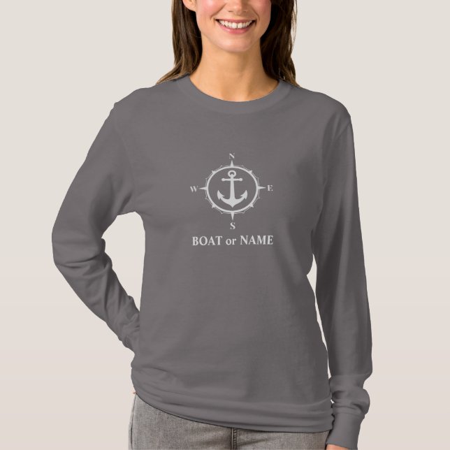 Nautical Compass Anchor Your Boat or Name Gray T-Shirt (Front)