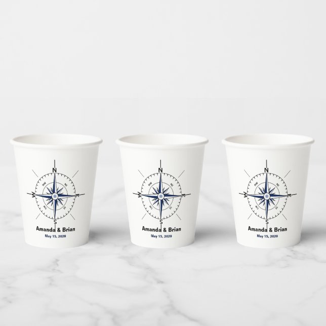 Nautical Compass Beach Wedding Personalized Paper Cups (Multi)