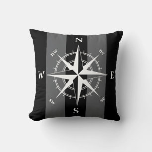 Nautical compass black white vertical strips throw pillow