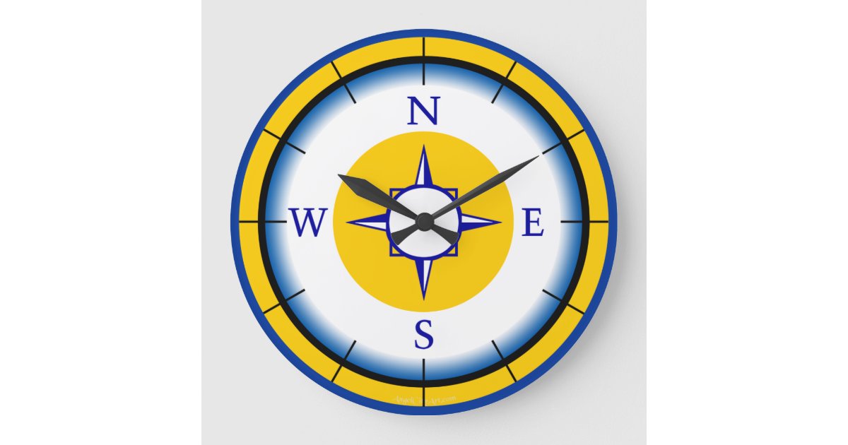 Nautical Compass Blue, White, Gold Wall Clock | Zazzle