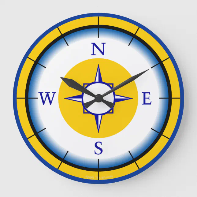 Nautical Compass Blue, White, Gold Wall Clock | Zazzle