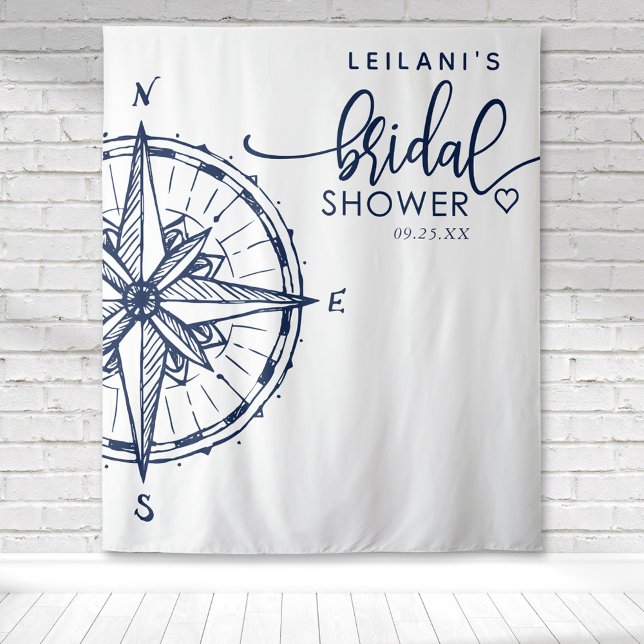 Nautical Compass Bridal Shower Tapestry (Nautical Bridal Shower with a navy compass rose with a white background backdrop for photo ops.)