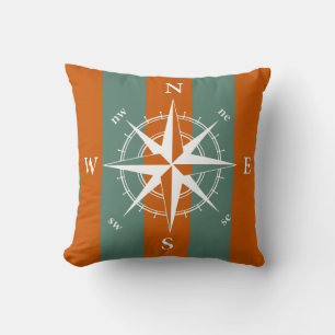 Nautical compass burnt orange avocado green strips throw pillow