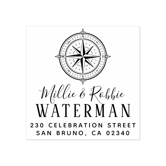 Nautical Compass Coastal Wedding Return Address Rubber Stamp (Imprint)