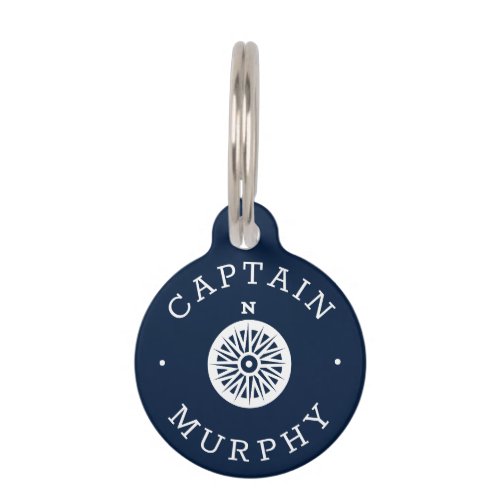 Nautical Compass Custom Captain name Navy Blue Pet ID Tag