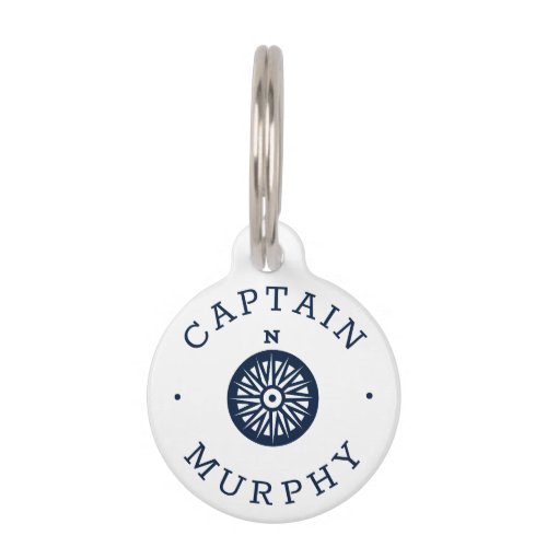Nautical Compass Custom Captain name Navy White Pet ID Tag