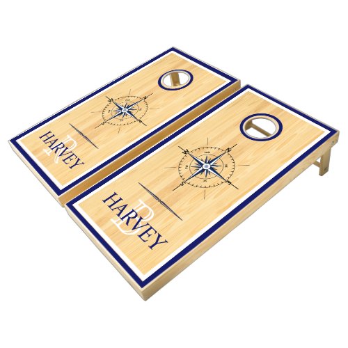 Nautical Compass Initials  Name Rustic Wedding Cornhole Set