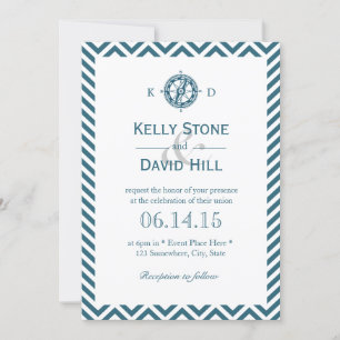 Nautical Compass Navy Blue Chevron Stripes Wedding Invitation