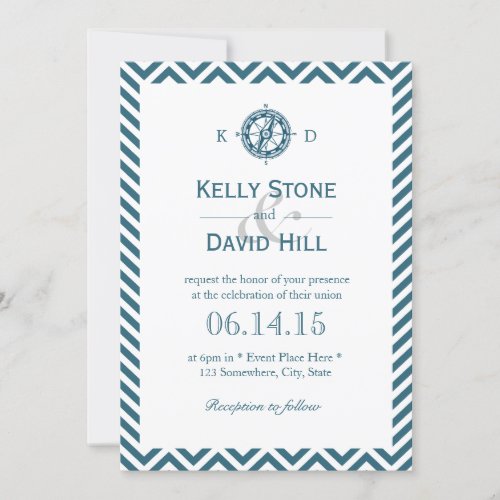 Nautical Compass Navy Blue Chevron Stripes Wedding 5x7 Paper Invitation Card