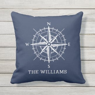 Nautical Compass Navy Blue Personalized Outdoor Pillow