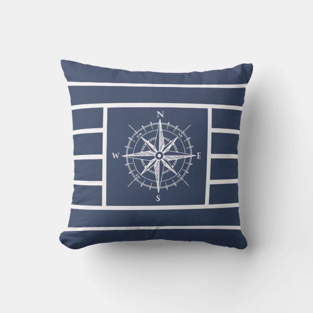 Nautical Compass Navy Blue Stripes Outdoor Pillow (Front)