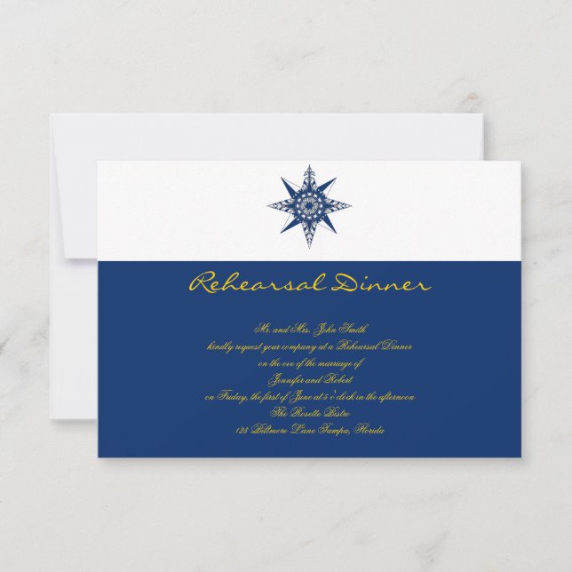 Nautical Compass Navy Yellow Wedding Rehearsal Invitation (Front)