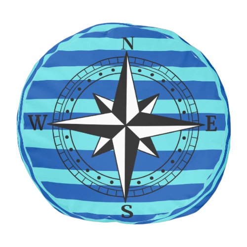 Nautical compass On Blue Hues Striped Pattern Pouf