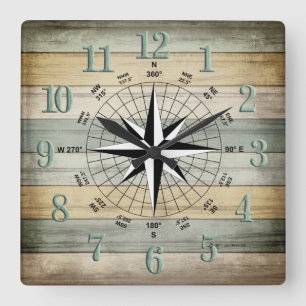 Nautical Compass on Rustic Colored Beach Wood 2 Square Wall Clock