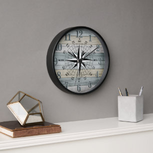 Nautical Compass on Rustic Colored Beach Wood Clock