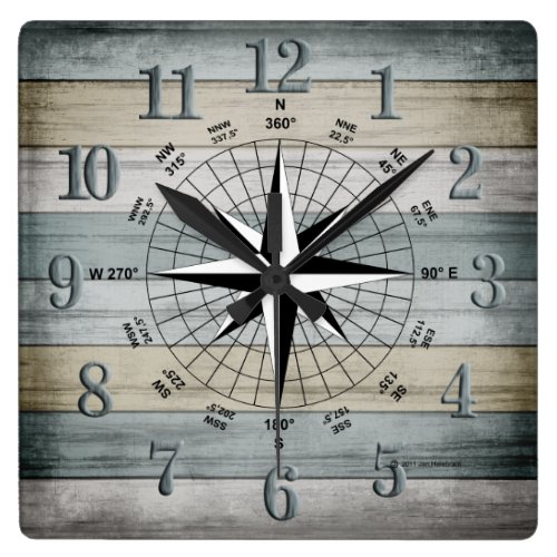 Nautical Compass on Rustic Colored Beach Wood Square Wall Clock