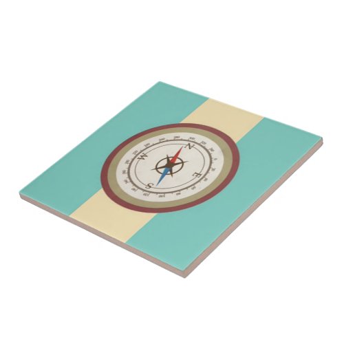 Nautical Compass On Vintage Retro Blue Cream Brown Ceramic Tile