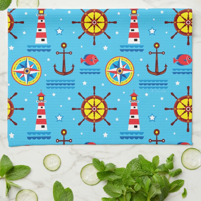 Nautical Compass Pattern Kitchen Towel (Folded)