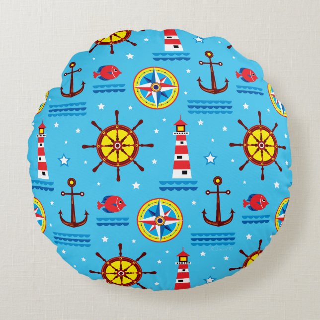 Nautical Compass Pattern Round Pillow (Front)