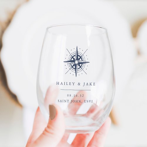 Nautical Compass Personalized Wedding Favor Stemless Wine Glass
