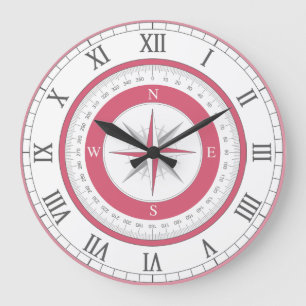 Nautical Compass Red & White Large Clock